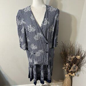 S.L. Petites 2pc Skirt & Blouse Set Blue White Paisley Pleated Double Buttons 10